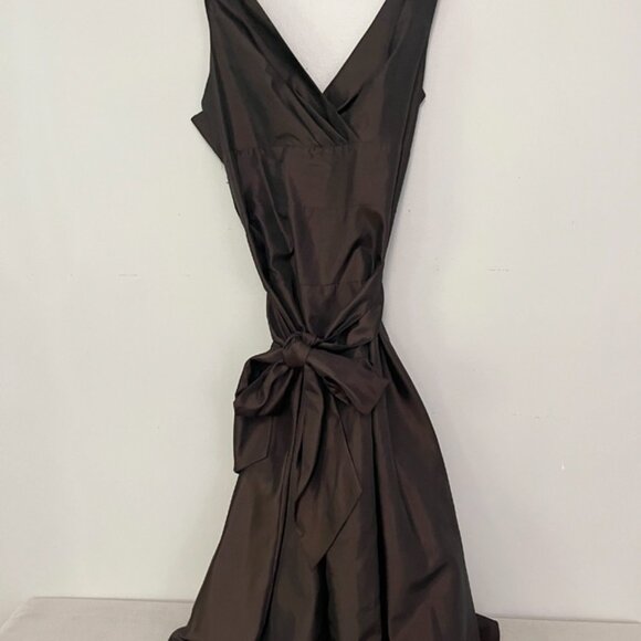 Max and Cleo Brown Iridescent Brown V Neckline Bow Sash Cocktail Party Dress 12 - Picture 2 of 7